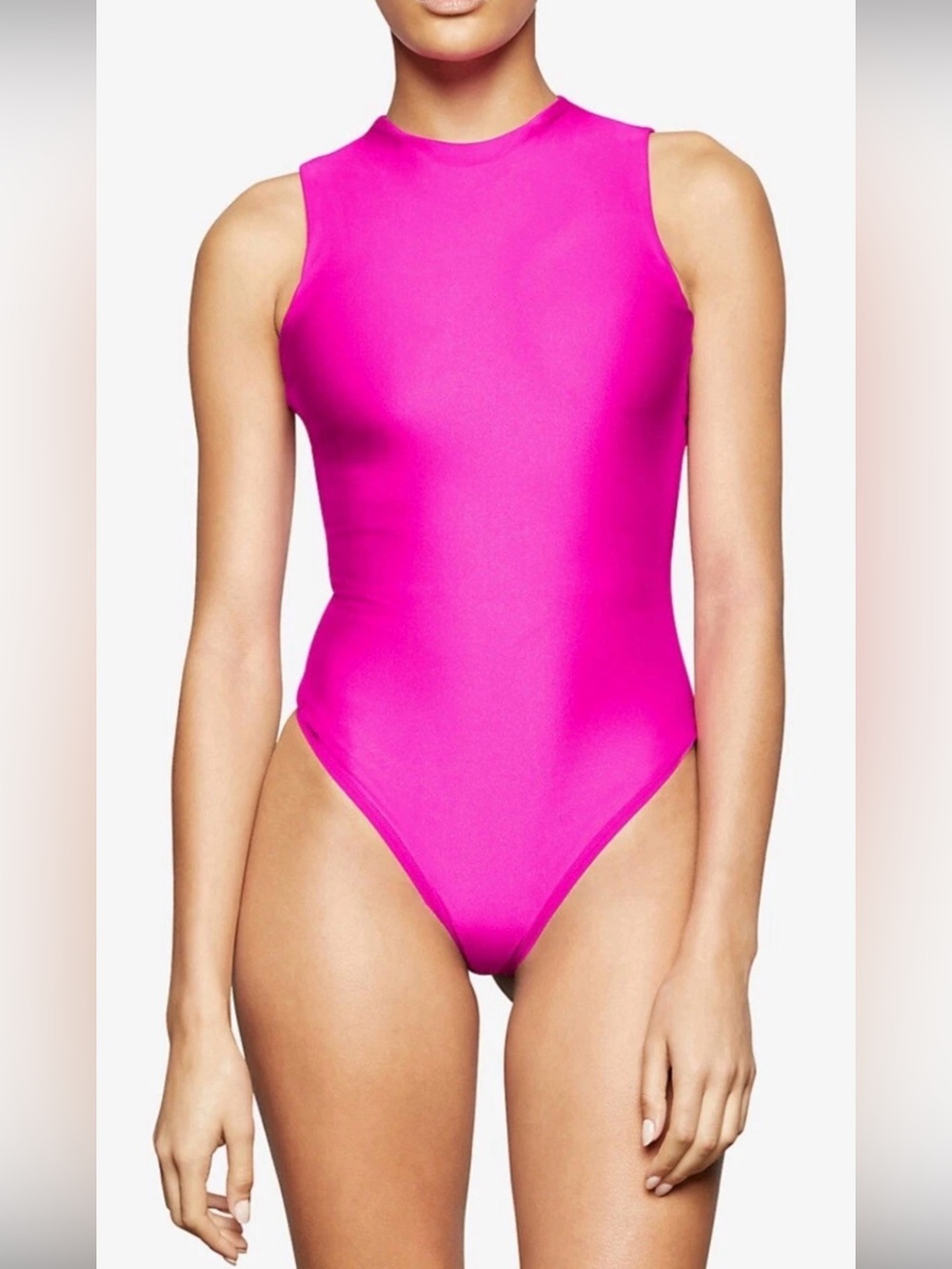 Skims Neon Pink Fuchsia Mock Neck Disco Bodysuit